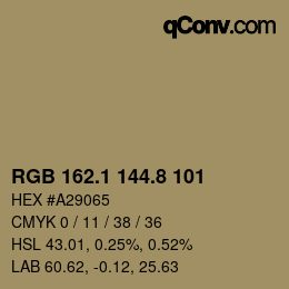 Color code: RGB 162.1 144.8 101 | qconv.com
