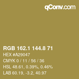 Color code: RGB 162.1 144.8 71 | qconv.com