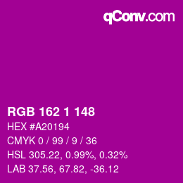 颜色代码: RGB 162 1 148 | qconv.com