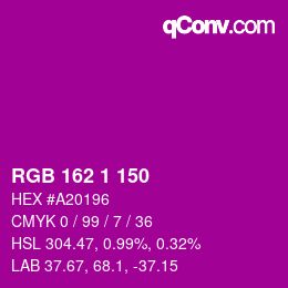 カラーコード: RGB 162 1 150 | qconv.com