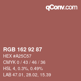颜色代码: RGB 162 92 87 | qconv.com