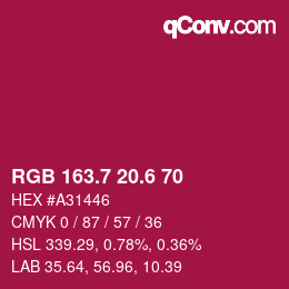 カラーコード: RGB 163.7 20.6 70 | qconv.com