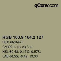 Color code: RGB 163.9 164.2 127 | qconv.com