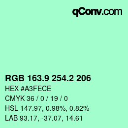 カラーコード: RGB 163.9 254.2 206 | qconv.com