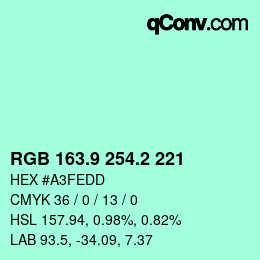 カラーコード: RGB 163.9 254.2 221 | qconv.com