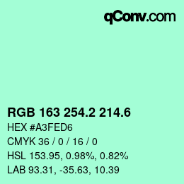 カラーコード: RGB 163 254.2 214.6 | qconv.com