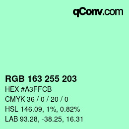 Color code: RGB 163 255 203 | qconv.com