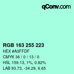 Color code: RGB 163 255 223 | qconv.com