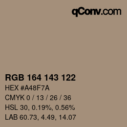 Color code: RGB 164 143 122 | qconv.com