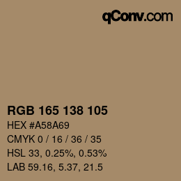 颜色代码: RGB 165 138 105 | qconv.com