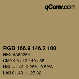 Color code: RGB 166.9 146.2 100 | qconv.com