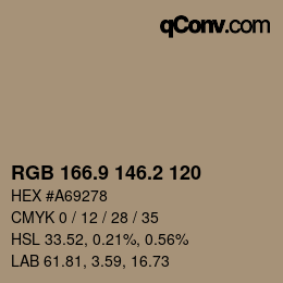 Color code: RGB 166.9 146.2 120 | qconv.com
