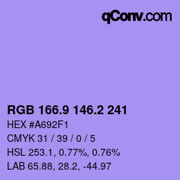 カラーコード: RGB 166.9 146.2 241 | qconv.com
