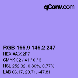 カラーコード: RGB 166.9 146.2 247 | qconv.com