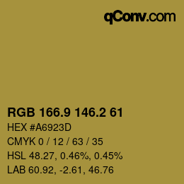 Color code: RGB 166.9 146.2 61 | qconv.com