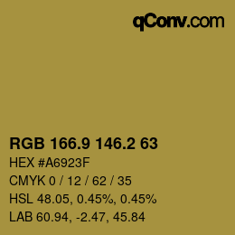 Color code: RGB 166.9 146.2 63 | qconv.com