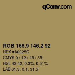 Color code: RGB 166.9 146.2 92 | qconv.com