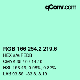 カラーコード: RGB 166 254.2 219.6 | qconv.com