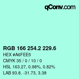 カラーコード: RGB 166 254.2 229.6 | qconv.com