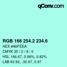 カラーコード: RGB 166 254.2 234.6 | qconv.com