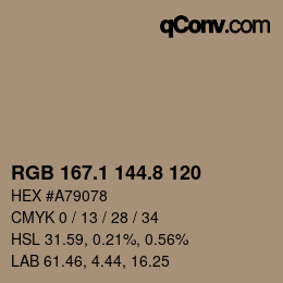 Color code: RGB 167.1 144.8 120 | qconv.com