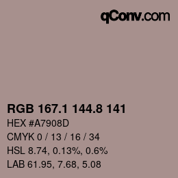 カラーコード: RGB 167.1 144.8 141 | qconv.com