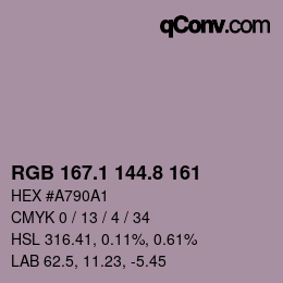 カラーコード: RGB 167.1 144.8 161 | qconv.com