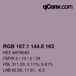 カラーコード: RGB 167.1 144.8 163 | qconv.com