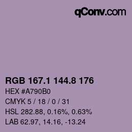 Color code: RGB 167.1 144.8 176 | qconv.com