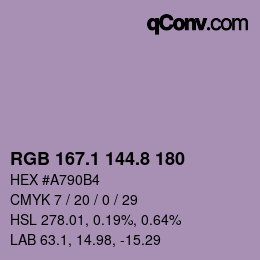 カラーコード: RGB 167.1 144.8 180 | qconv.com