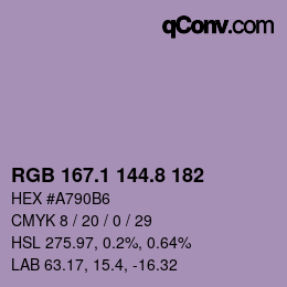 Color code: RGB 167.1 144.8 182 | qconv.com