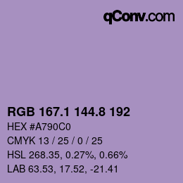 カラーコード: RGB 167.1 144.8 192 | qconv.com