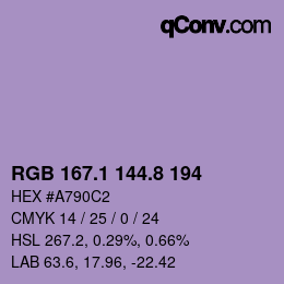 カラーコード: RGB 167.1 144.8 194 | qconv.com