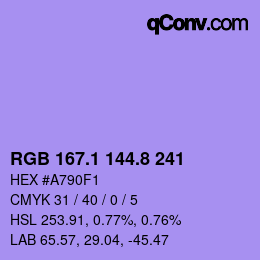 カラーコード: RGB 167.1 144.8 241 | qconv.com