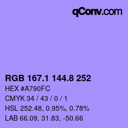カラーコード: RGB 167.1 144.8 252 | qconv.com