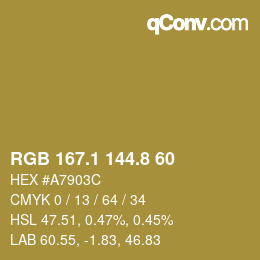 Color code: RGB 167.1 144.8 60 | qconv.com