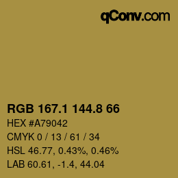 Color code: RGB 167.1 144.8 66 | qconv.com