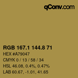 Color code: RGB 167.1 144.8 71 | qconv.com