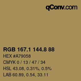 Color code: RGB 167.1 144.8 88 | qconv.com