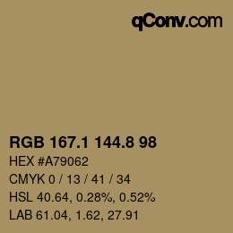 Color code: RGB 167.1 144.8 98 | qconv.com