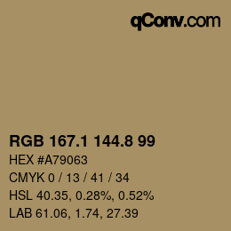 Color code: RGB 167.1 144.8 99 | qconv.com