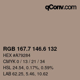 カラーコード: RGB 167.7 146.6 132 | qconv.com