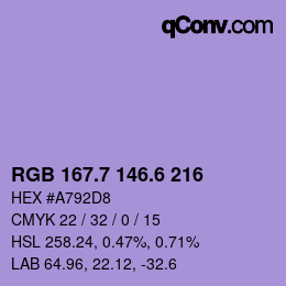 カラーコード: RGB 167.7 146.6 216 | qconv.com