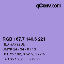 カラーコード: RGB 167.7 146.6 221 | qconv.com
