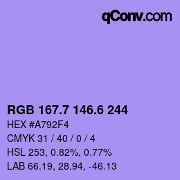 カラーコード: RGB 167.7 146.6 244 | qconv.com