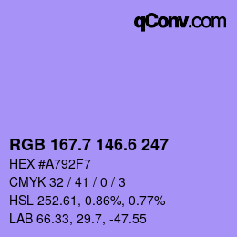 カラーコード: RGB 167.7 146.6 247 | qconv.com