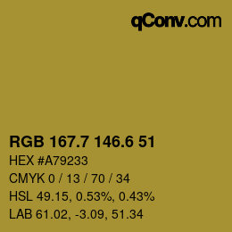 カラーコード: RGB 167.7 146.6 51 | qconv.com