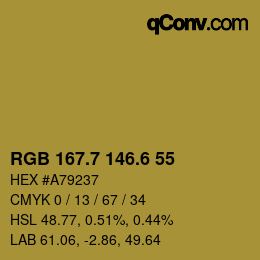 カラーコード: RGB 167.7 146.6 55 | qconv.com