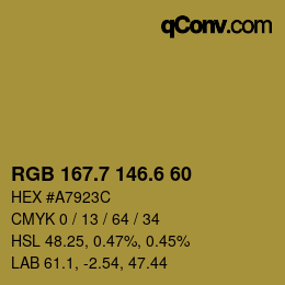 カラーコード: RGB 167.7 146.6 60 | qconv.com