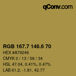 カラーコード: RGB 167.7 146.6 70 | qconv.com